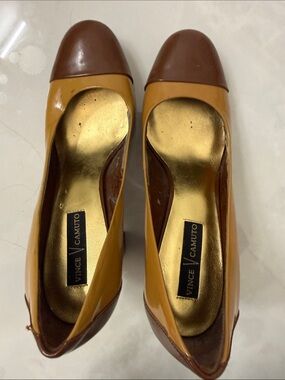 Vince Camuto Two-Tone Brown and Lighter Brown Leather Sole, patent heels